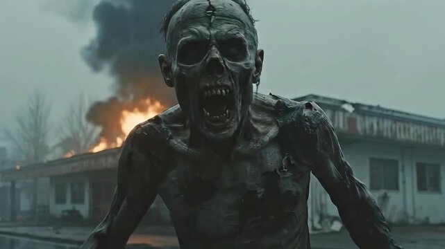 A terrifying undead zombie screams and walks towards the camera with a burning building in the background in a post-apocalyptic city.