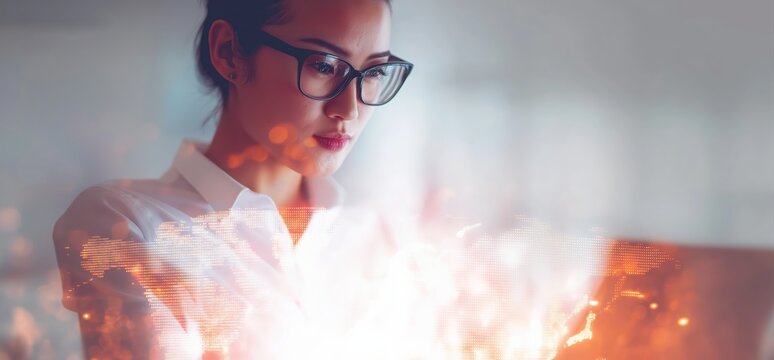 Woman in glasses analyzing global data on a glowing digital interface, representing innovation, connection, and futuristic technology - Powered by Adobe