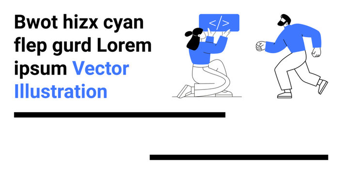 Technology, teamwork, programming, digital collaboration, web development, IT services. Two people interacting with a screen showing a coding symbol. Technology and teamwork concept