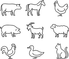 Fototapeta premium Hand drawn farm and wild animal icon set line art