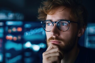 Man wearing glasses deeply concentrating, analyzing complex data on a glowing screen in a dark office environment