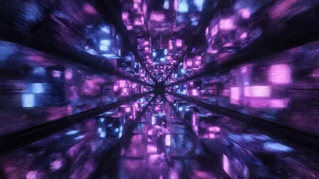 Futuristic abstract tunnel corridor with neon lights and reflective surfaces, conveying speed and dynamism in a dark, sleek, modern space.