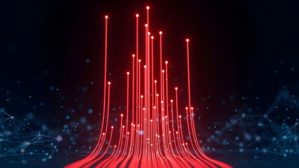 Abstract Digital Data Transmission Flow with Glowing Red Fiber Optic Lines and Network Mesh Background
