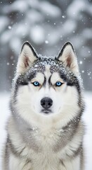 Naklejka premium Huskys Winter Stare - A Portrait of Canine Focus in the Snow.