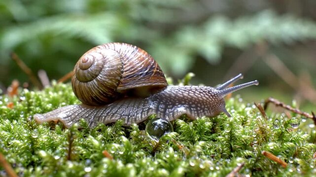 Close-up of a snail with a spiral shell moving slowly across vibrant green moss in a natural setting.