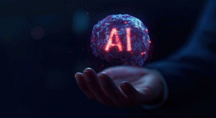 Human hand holding a glowing AI brain, illustrating machine learning, data science, and technology innovation future
