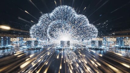 Dynamic visualization of a futuristic cloud computing network with data flowing rapidly through a digital cityscape representing global connectivity secure data storage and advanced technological inf. - Powered by Adobe