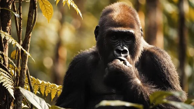 Low angle portrait of a western lowland gorilla calmly enjoying a snack in its natural habitat amid dense green foliage
