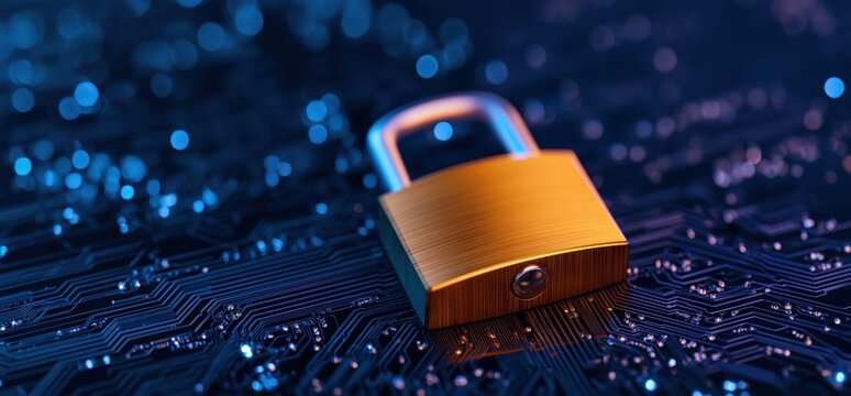 Padlock on a dark blue circuit board, representing cybersecurity, protecting digital information and online privacy - Powered by Adobe