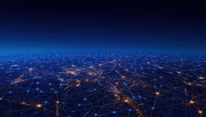 Digital network covering city lights at night, representing global connectivity, data transfer, and telecommunication infrastructure