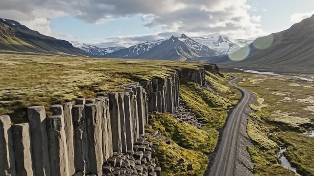 Scenic aerial view of basalt columns and winding road in a vast natural landscape under a cloudy sky.