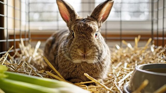 Cute bunny rabbit resting inside a cage with fresh green celery and hay, pet animal, indoor scene