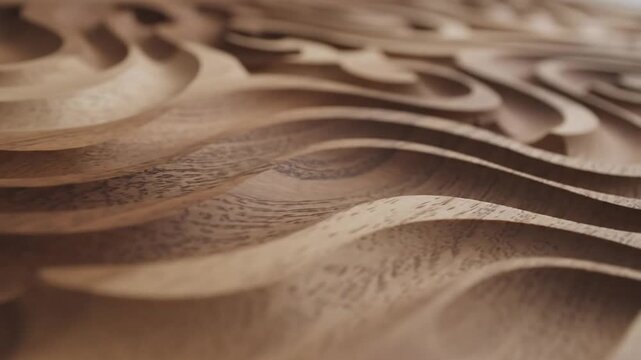 Close-up of intricately carved wood, showing flowing wave-like patterns and organic forms for artistic design