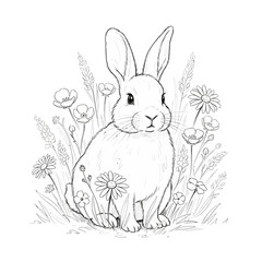 Obraz premium Cute bunny rabbit sketch in a field of wildflowers, hand-drawn illustration