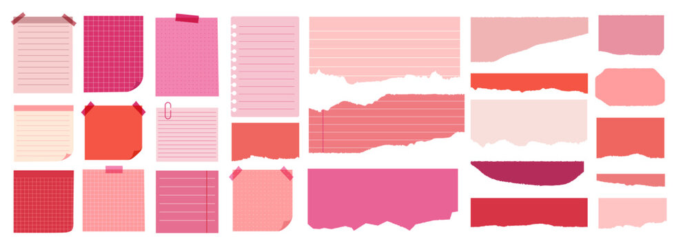 Various pink and red sticky notes, memo pads, and ripped paper elements vector illustration set.