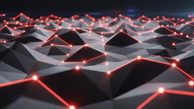 Abstract futuristic 3D rendering of low poly geometric surface with connected glowing lights and lines
