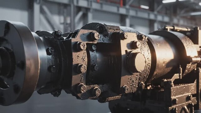 Industrial heavy machinery operating in a factory environment with coolant spray during manufacturing process