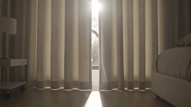 Sunlight streams through parted curtains illuminating a minimalist bedroom interior with a stylish bed and a side table