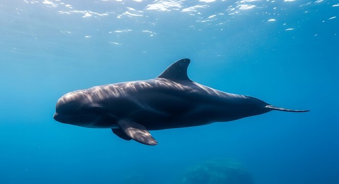 Pilot Whale Swimming Gracefully Underwater in the Deep Blue Ocean.