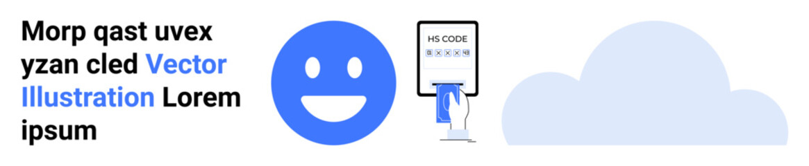 Fototapeta premium Digital communication, cloud storage, identity security, data sharing, user interface, emotions. Blue happy face, finger interacting with a screen and a cloud symbol. Communication and cloud storage