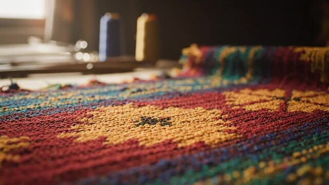 Close-up of a vibrant handmade rug with detailed stitching, thread spools in the background