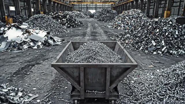 Industrial Recycling Facility with Piles of Scrap Metal and Shavings in a Large Warehouse Under Industrial Lighting