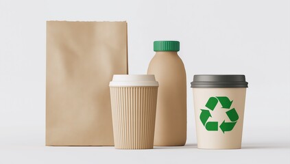 Sustainable food and beverage packaging, including a paper bag, corrugated coffee cup, bottle, and cup with a green recycling logo