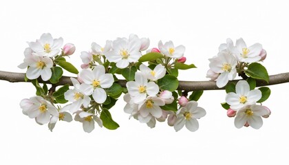 Horizontal branch adorned with delicate white and pink blossoms and vibrant green leaves