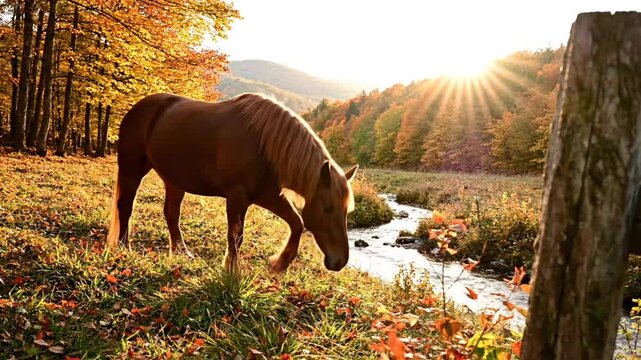 Idyllic Autumnal Scene of a Chestnut Horse Grazing in a Meadow with a Flowing Stream and Sunlit Trees