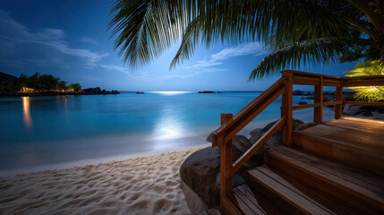 Tropical Island Paradise at Night Featuring Serene Beach, Lush Palm Trees, and Calm Waters Under a Starry Sky for Cinematic Inspiration
