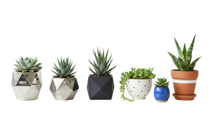 Obraz premium photorealistic still life of five diverse succulents in contrasting geometric planters on a transparent studio background with smooth bokeh and high-key lighting. concept of organic geometry and