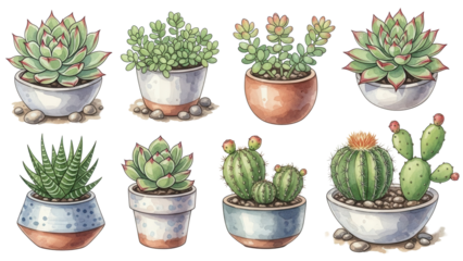 Watercolor succulent and cactus collection. Green potted plants illustration set. Botanical elements for terrarium design and gardening blog.
