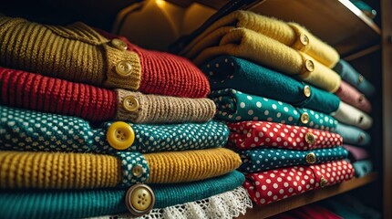 Organized Stack of Colorful Vintage Clothing and Knitted Sweaters on Shelf