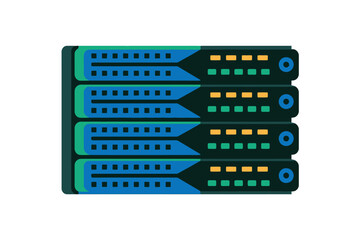 Colorful illustration of computer server hardware with blue, green, and yellow accents on dark background