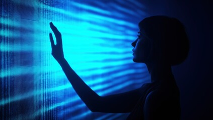 Woman touching a glowing blue abstract digital screen, exploring big data, virtual reality, and artificial intelligence concepts