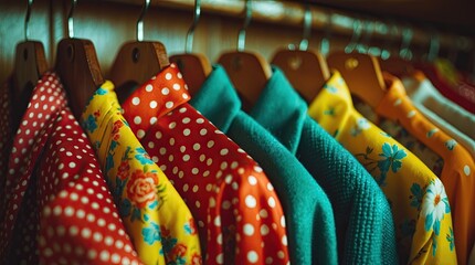Organized Stack of Colorful Vintage Knitted Sweaters and Patterned Fabrics on Shelf