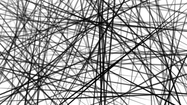 黒い線が無造作に交差する背景イラスト。沢山の糸が張り巡らされたテクスチャ素材の4Kループアニメーション。システマチックな印象の抽象的な模様