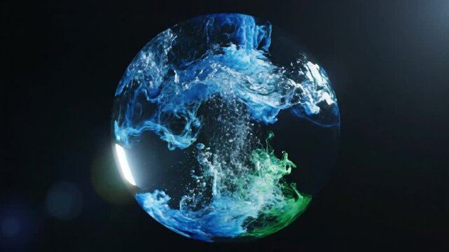Abstract underwater explosion of blue and green ink mixing in a glass globe against black background