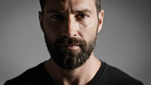 Focused Portrait of a Mature Man with a Full Beard Gazing Directly into the Camera with Intensity.