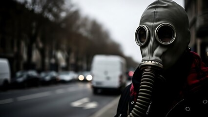 Person Wearing Gas Mask on City Street