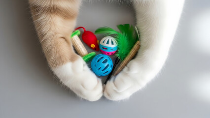 Paws-itively delightful A heartwarming display of fun cat toys, lovingly presented by furry paws, perfect for National Love Your Pet Day celebrations