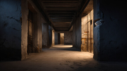 Fototapeta premium Dark Abandoned Dungeon with Decayed Walls and Prison Cells in an Underground Corridor
