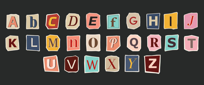 Ransom note style alphabet A-Z collage. Torn paper letters with retro patterns and colors isolated on dark gray.