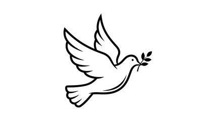 Fototapeta premium White dove in flight carrying an olive branch, a universal symbol of peace and hope, depicted in a simple line art illustration.