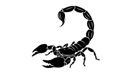 A detailed black silhouette illustration of a scorpion with its tail curved over its body and pincers open, isolated on a white background.