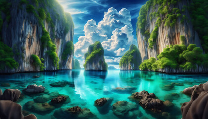 Stunning turquoise water and limestone cliffs in a tropical paradise An illustration of a serene seascape