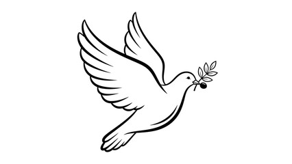 Obraz premium Black and white line drawing of a dove in flight carrying an olive branch, symbolizing peace and hope.