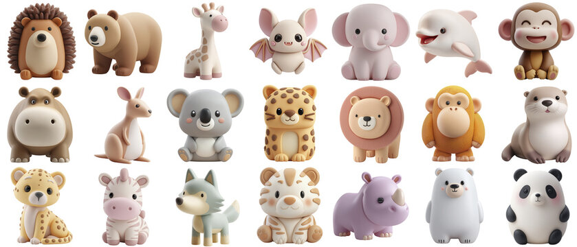 Cute 3d Pastel Mammal Animal Figures Collection on Transparent Background