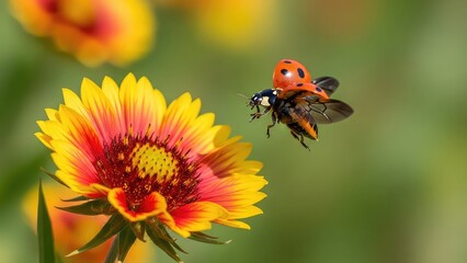 22-spot ladybird (Psyllobora vigintiduopunctata) in flight, on cockade flower (Gaillardia), Germany, Europe 