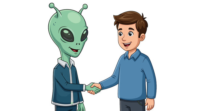 Two figures are shaking hands as a sign of agreement or friendship, and the scene implies a first encounter or negotiation